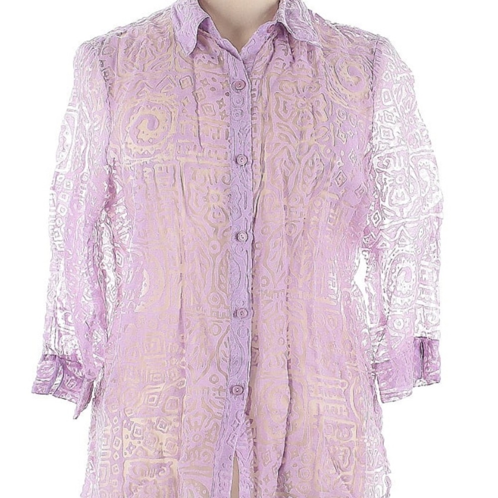 Alfred Dunner Womens Lavender Purple Burnout Geometric Button Down Shirt Size 16